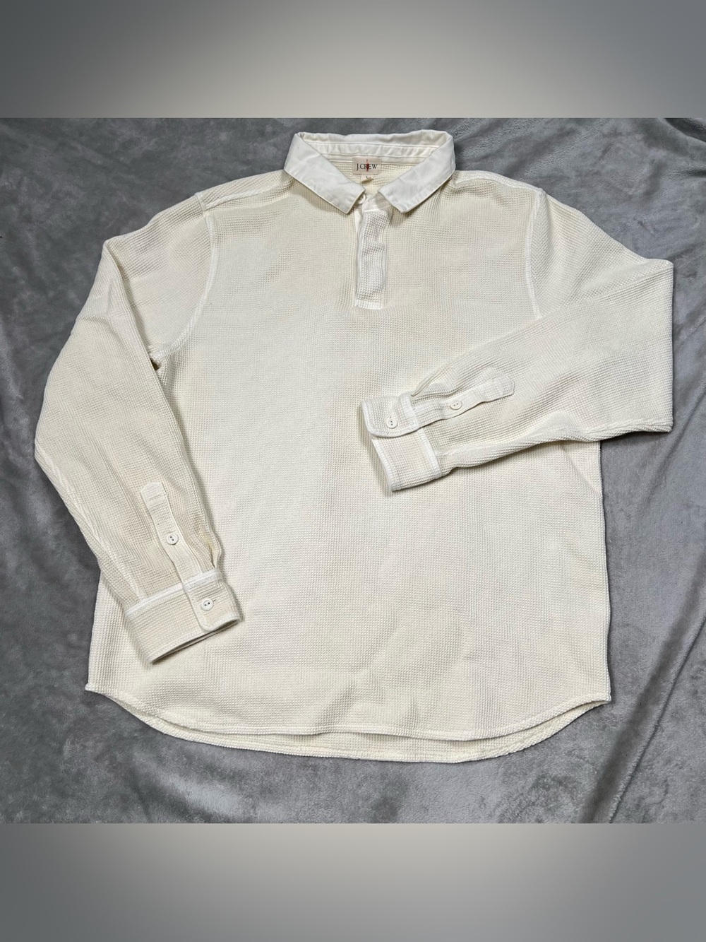 J Crew Oarsman Waffle Knit Rugby Polo Mens L Cream Thermal Preppy L/S Shirt